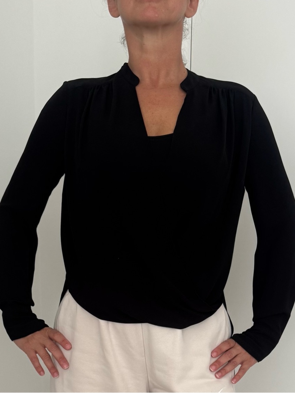 BCBGMaxAzria Black Long-Sleeve Split-Neck Blouse. Also available in white color
